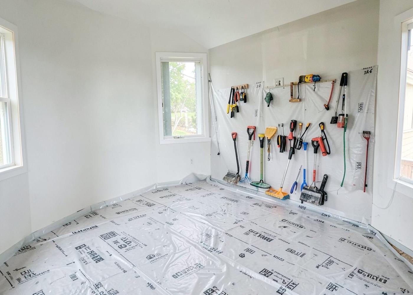 Tidy residential remodel jobsite with floor protection and dust barriers in place