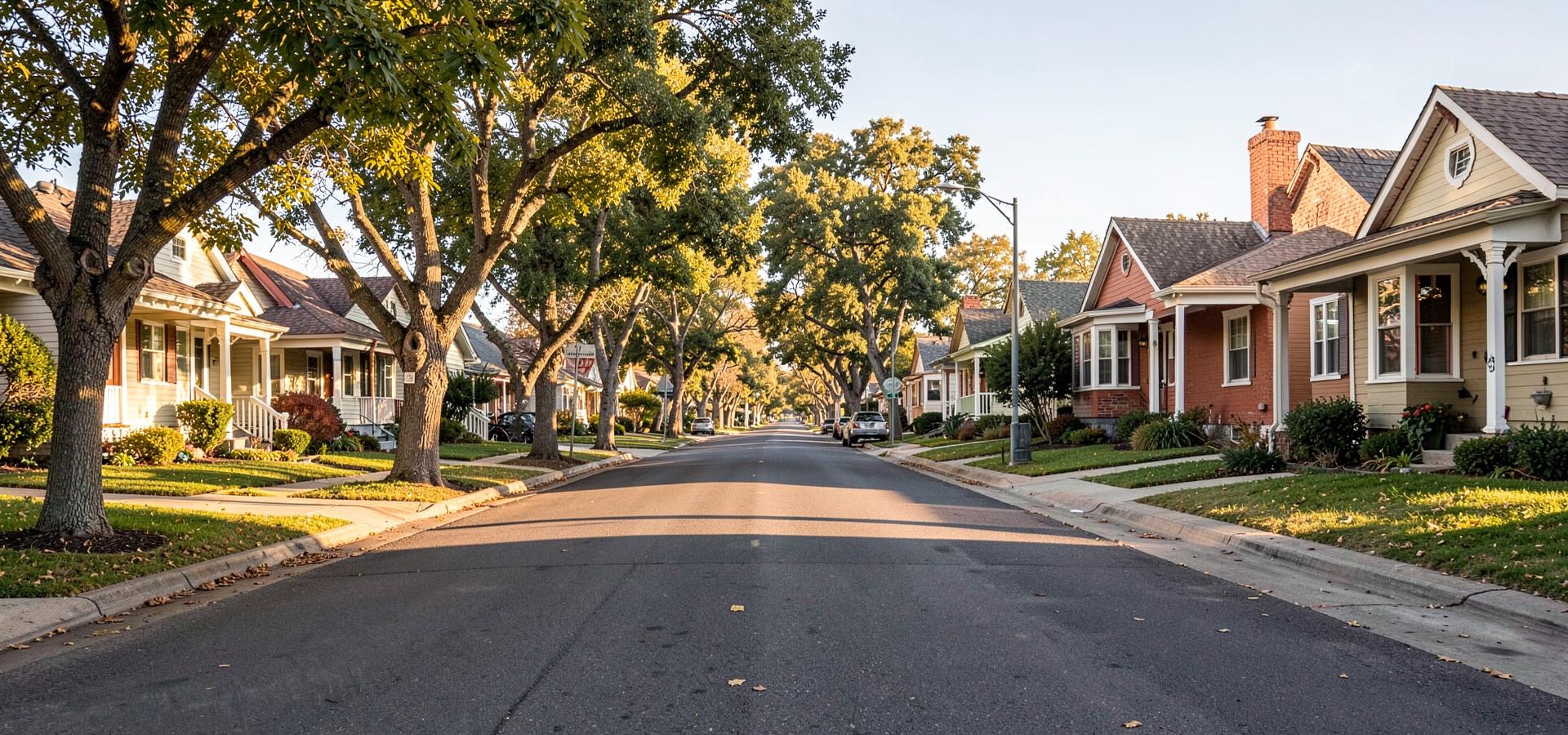Tree-lined residential street with craftsman and ranch homes in Sacramento