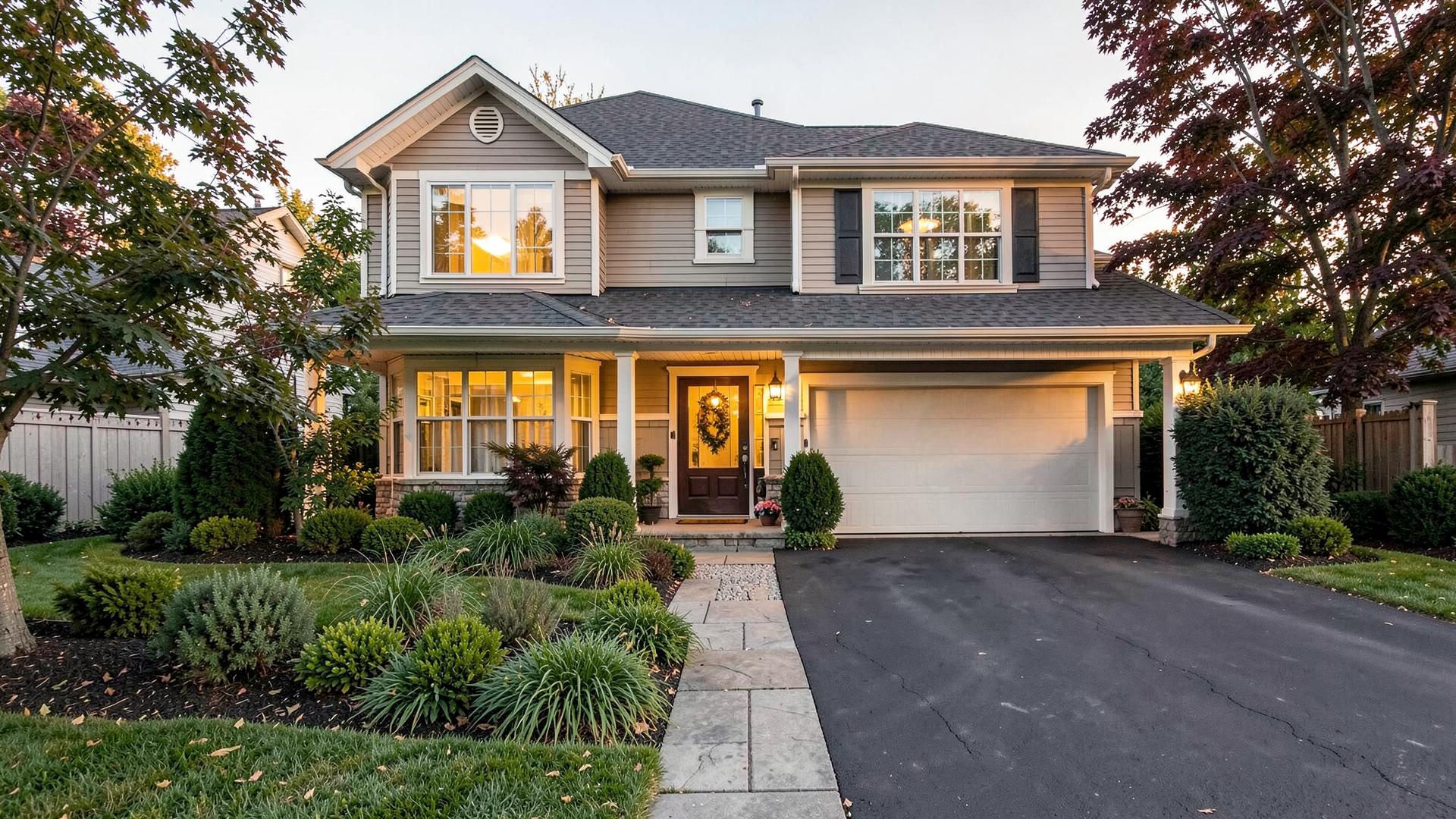 Renovated two-story home exterior at dusk in the Sacramento area