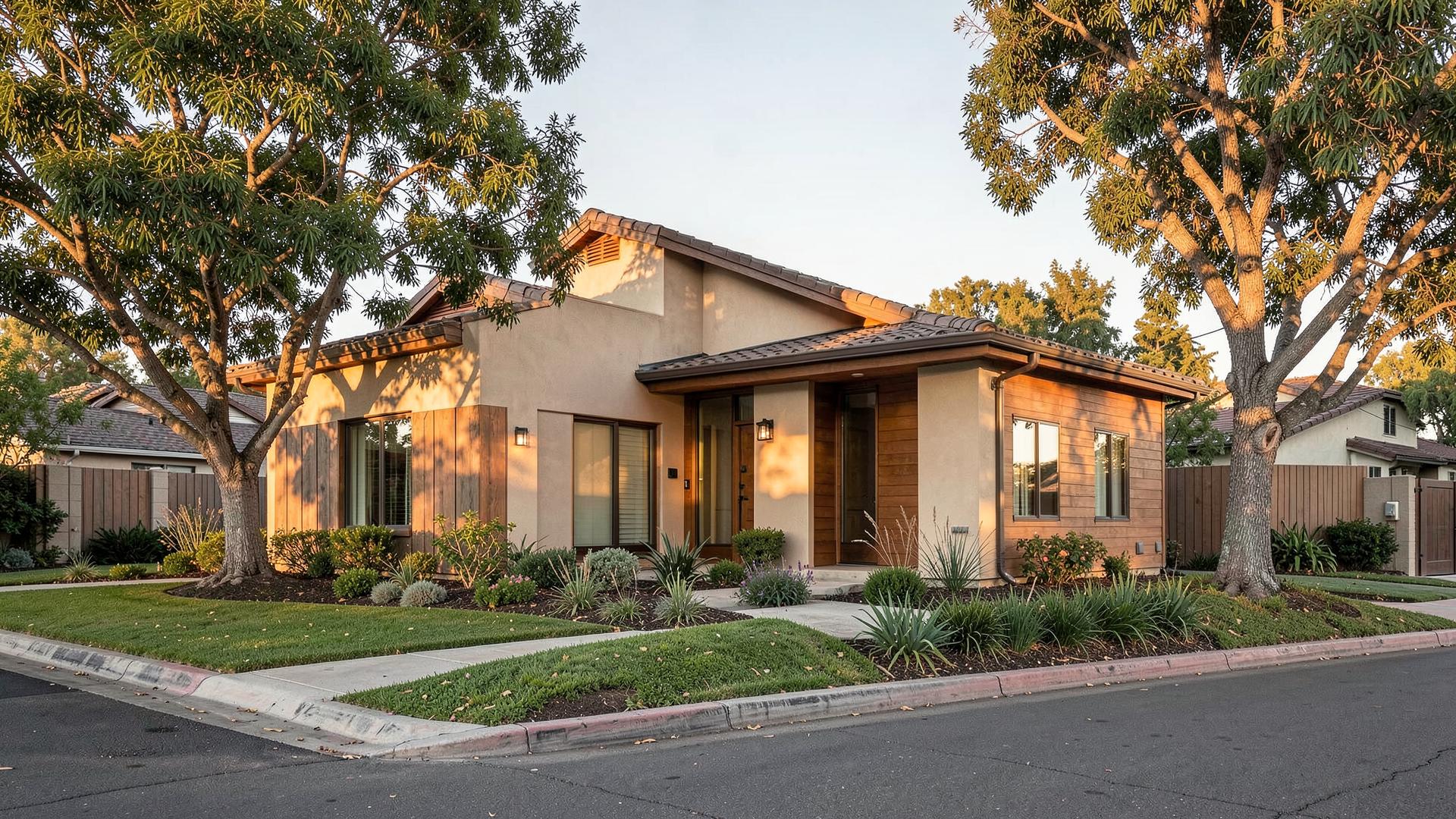 Renovated single-family home exterior in the Sacramento area at golden hour