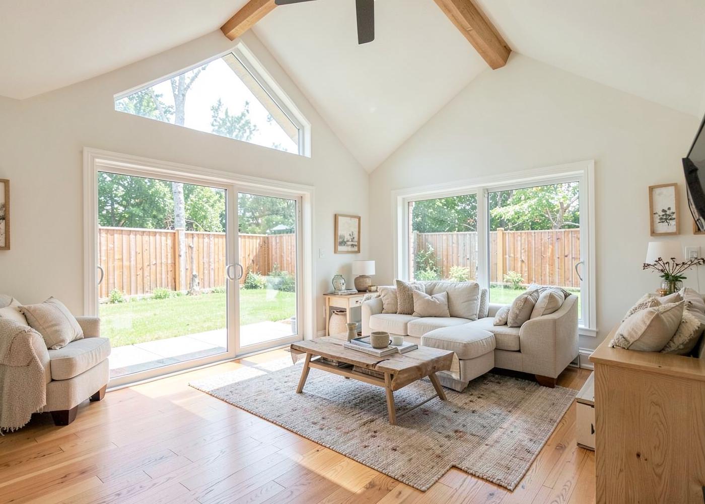 Family room addition with vaulted ceiling and sliding glass doors