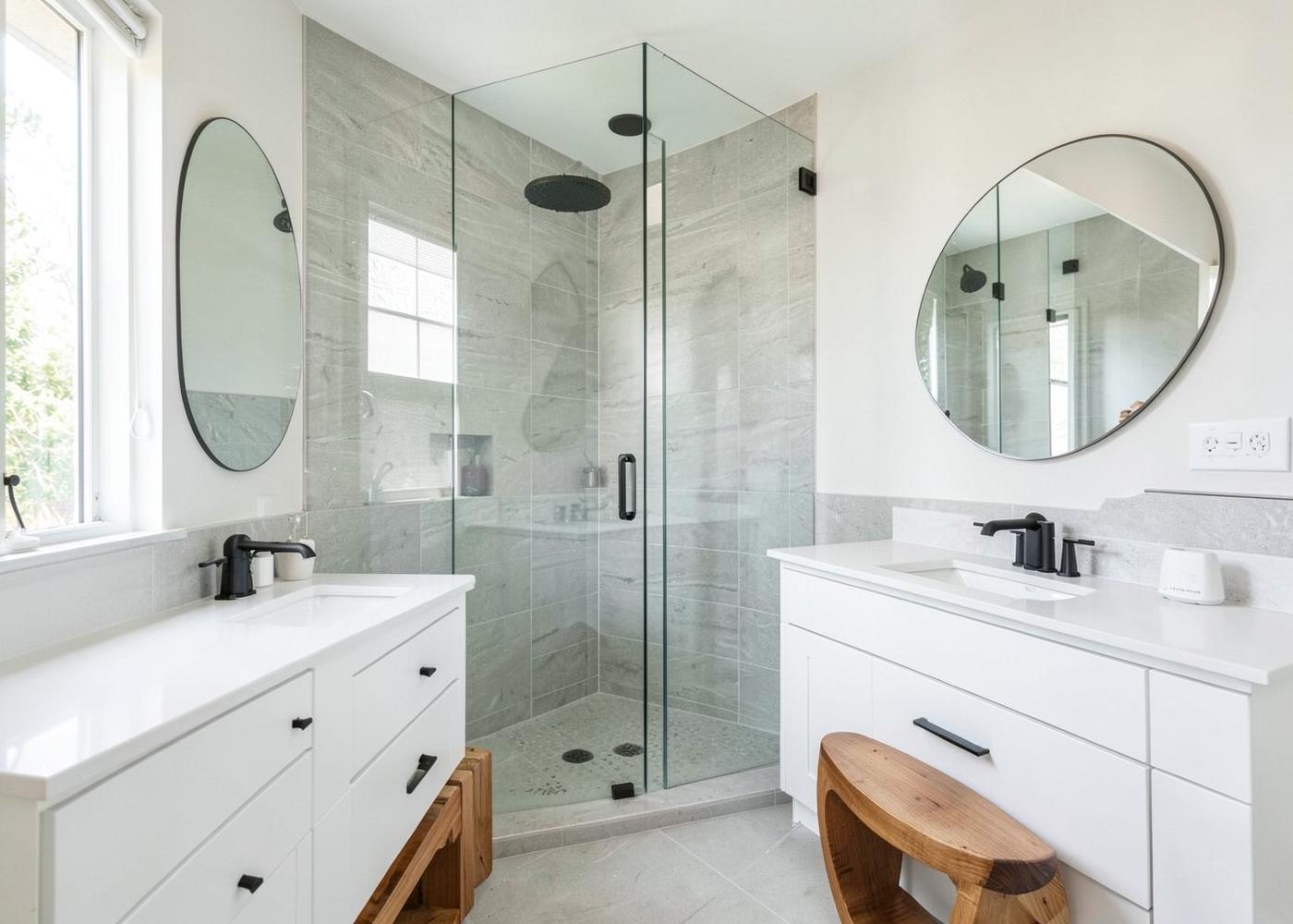 Bright remodeled bathroom with a glass walk-in shower and white double vanities