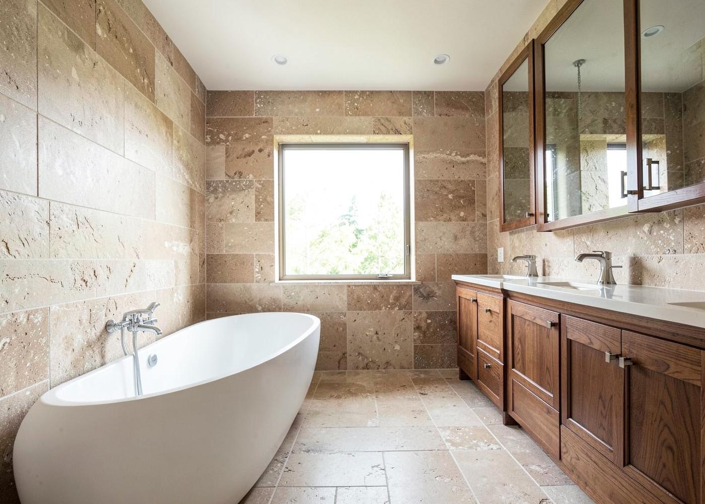 Primary bathroom renovation with a freestanding tub and stone tile
