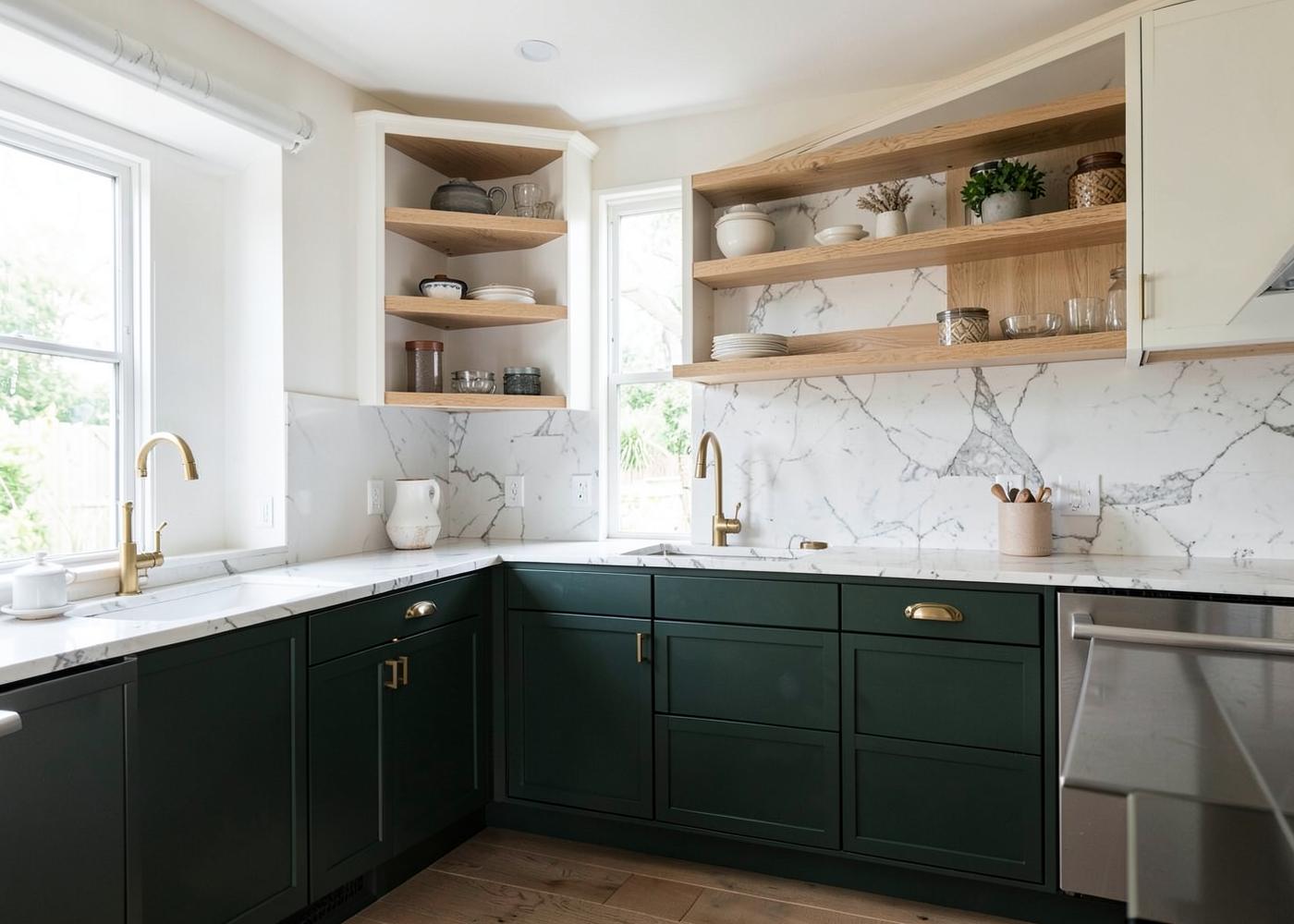 Kitchen remodel with deep green cabinetry, marble counters, and oak shelving