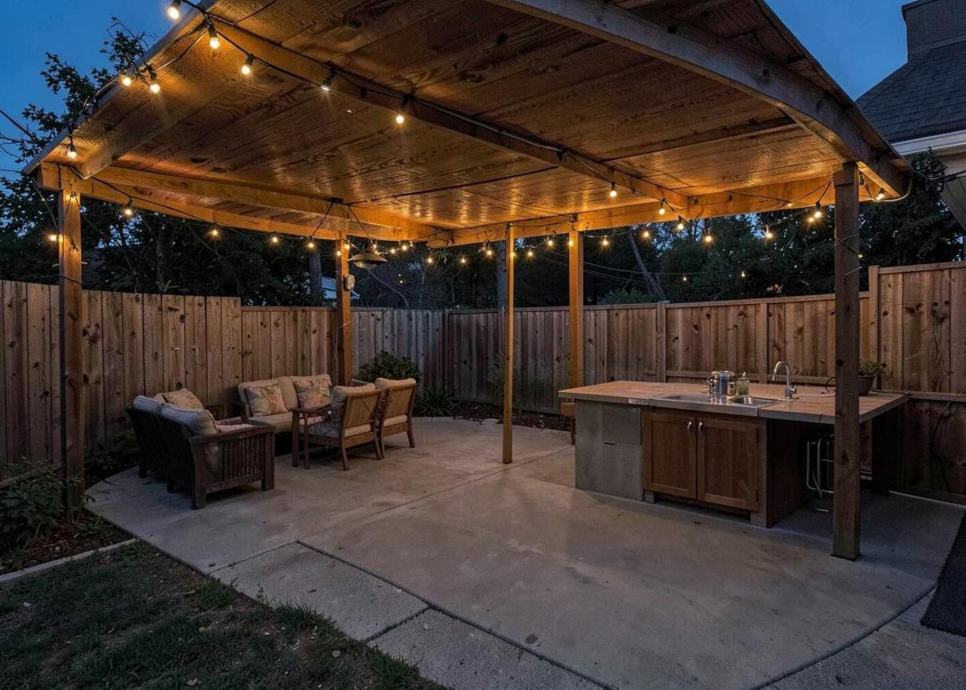 Covered backyard patio with outdoor counter and string lighting at dusk
