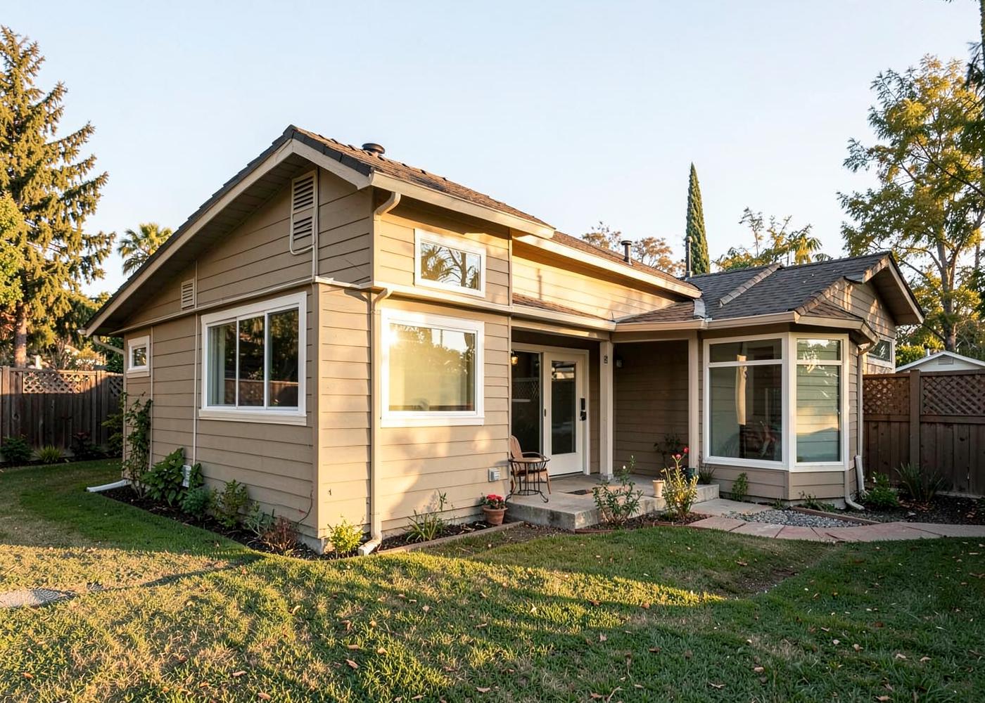 New room addition at the rear of a suburban home with matching siding