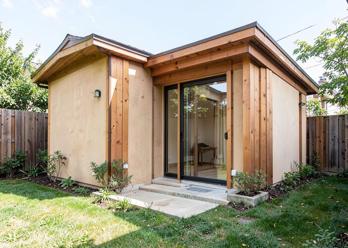 Detached backyard accessory dwelling unit with wood and plaster exterior