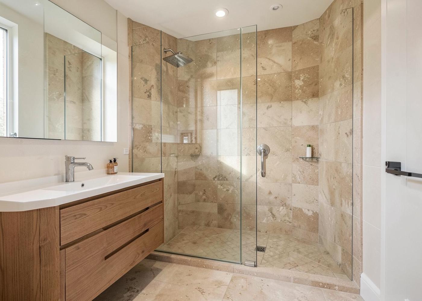 Renovated bathroom with a walk-in tiled shower and floating oak vanity
