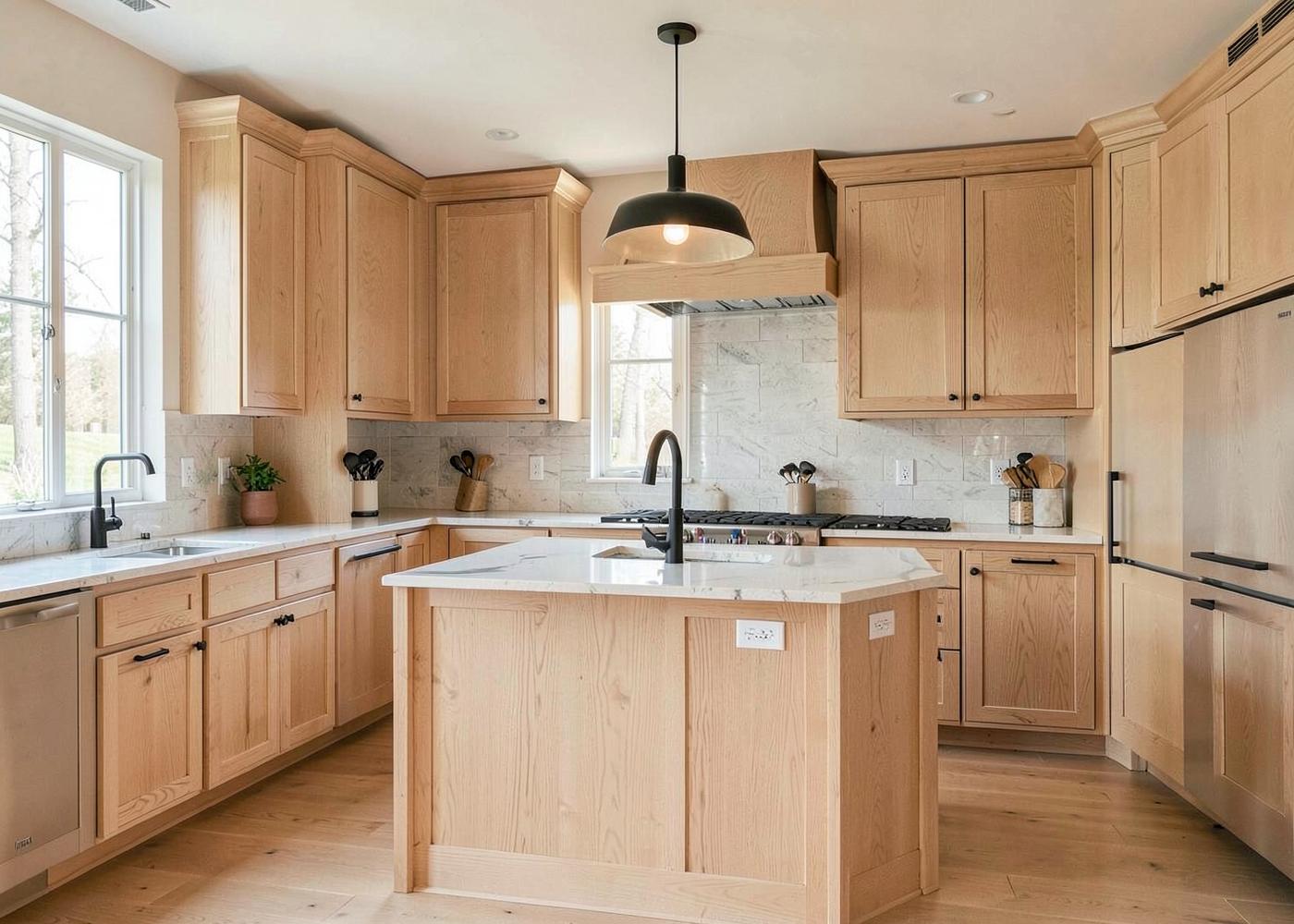 Remodeled kitchen with white oak cabinetry and a quartz island