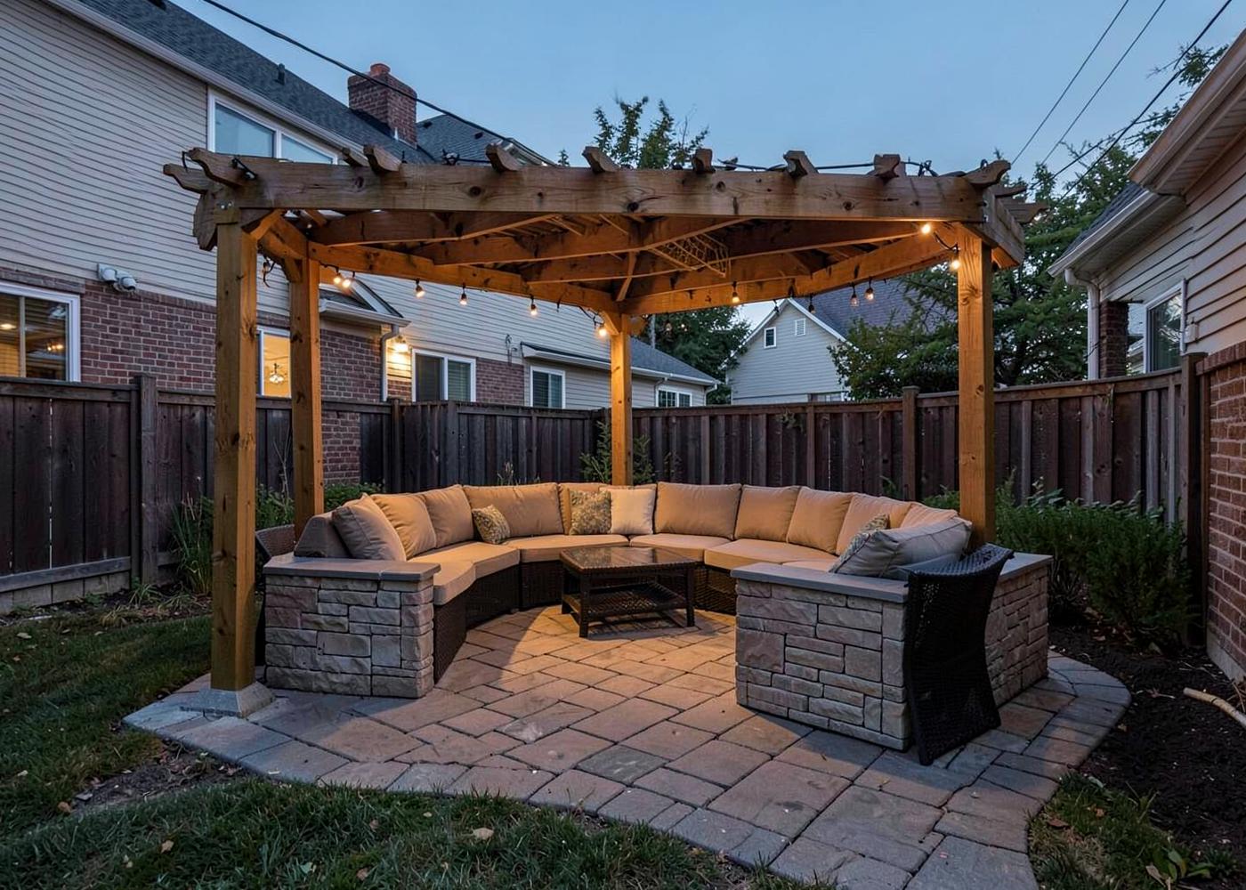 Covered backyard patio with a wood pergola and built-in seating