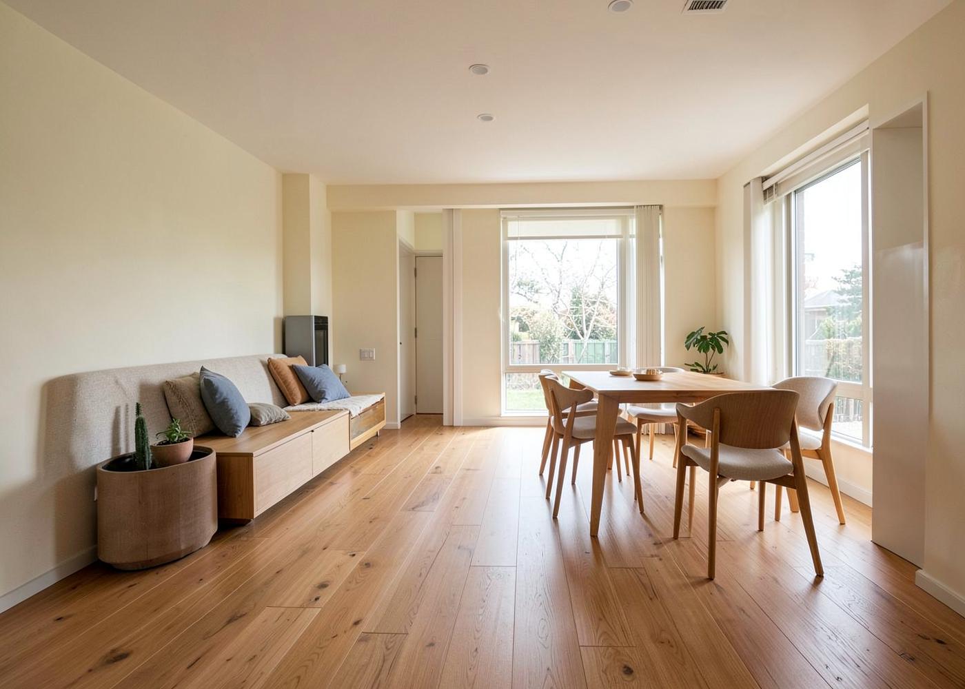 Renovated open-plan living and dining area with oak floors